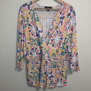 Harper 241 Womens Plus Size 2X Peplum Blouse 3/4 Sleeve Faux Wrap Floral Print